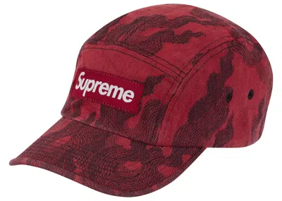 Pre-owned Supreme Flames Jacquard Denim Camp Cap In Washed Red
