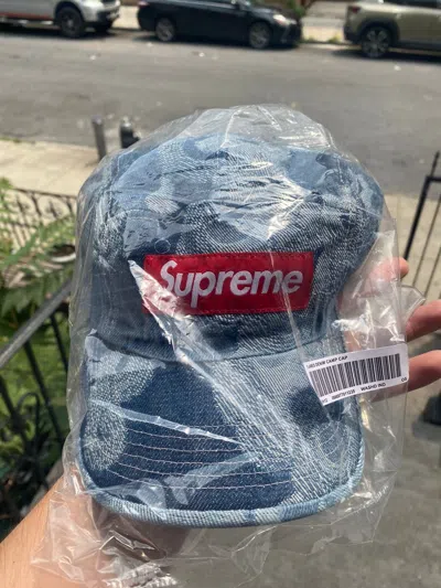 Pre-owned Supreme Flames Jacquard Denim Camp Cap In Washed Indigo