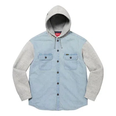 Supreme Fleece Hooded Denim Shirt 'teal Grey' In Blue