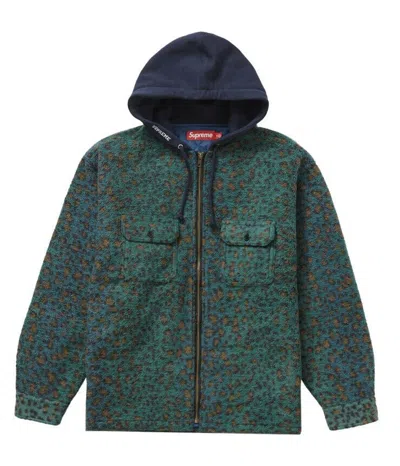 Pre-owned Supreme Fleece Zip Up Hooded Shirt Jacket Teal Leopard - Size Large L - Fw23