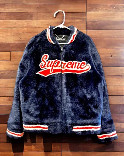 Pre-owned Supreme Fuax Fur Varsity Jacket Navy Ss20