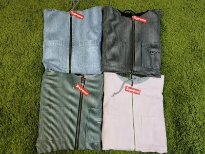 Pre-owned Supreme F/w 2017 Hooded Stripe Denim Zip Up Shirt Box Logo In Pink