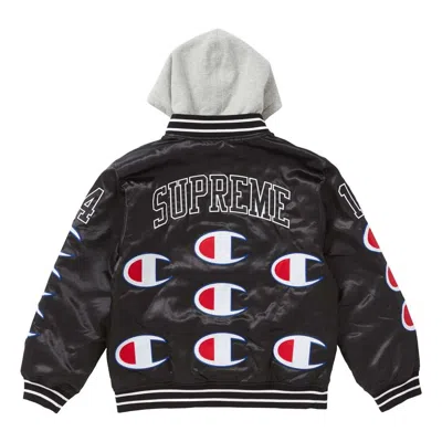 Supreme Fw18 Champion Hooded Satin Varsity Jacket Black