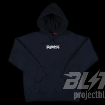 Pre-owned Supreme Fw19  Bandana Box Logo Hooded Sweatshirt Hoodie Navy Size M Medium 2019 In Blue