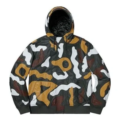 Supreme Fw19 Week 12 Camo Leather Hooded Jacket 'green' In Brown