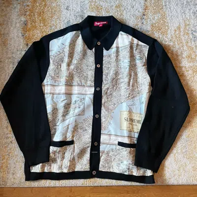 Pre-owned Supreme Fw23 Silk Map Cardigan Sweater Black M L Xl