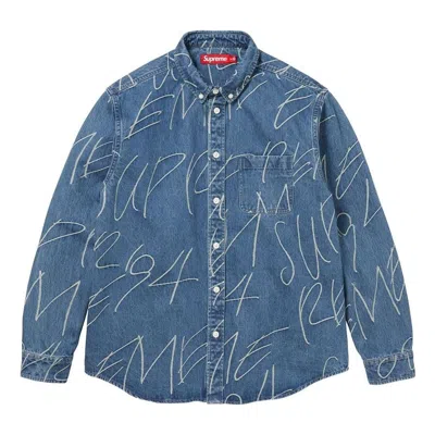 Supreme Fw23 Week 8 Handwriting Jacquard Denim Shirt 'blue' In Multi