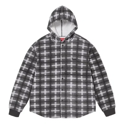 Supreme Fw23 Week14 Hooded Plaid Knit Shirt Jacket 'black' In Gray