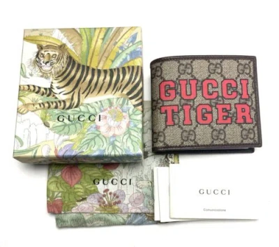 Pre-owned Supreme Gucci 671652 Gg  "gucci Tiger" Web Stripe Men's Bifold Wallet, In Brown/beige