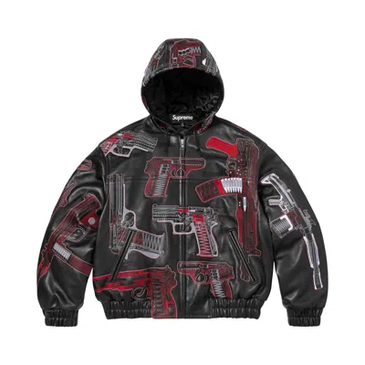 Pre-owned Supreme Guns Embroidered Hooded Leather Jacket 'black' | Men's Size M