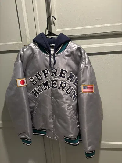 Pre-owned Supreme Homerun S/s 2025 Satin Hooded Varsity Jacket In Silver