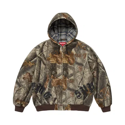 Pre-owned Supreme Leather Appliqué Hooded Work Jacket 'realtree Hardwoods Camo' | Green | Men's Size Xxl