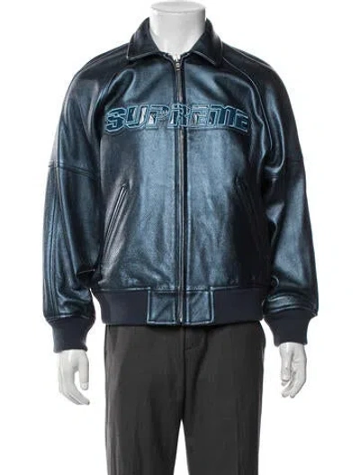Pre-owned Supreme Leather Graphic Print Bomber Jacket In Blue
