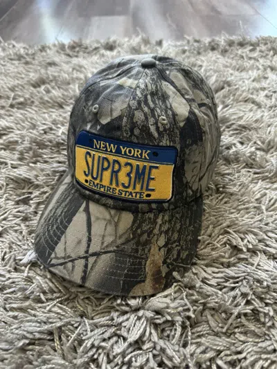 Pre-owned Supreme License Plate 6 Panel Camp Cap Realtree Camo In Brown