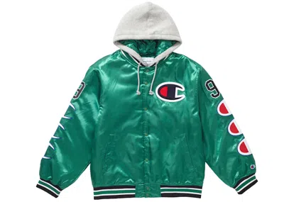 Pre-owned Supreme Men's  Champion Hooded Satin Varsity Jacket In Kelly Green