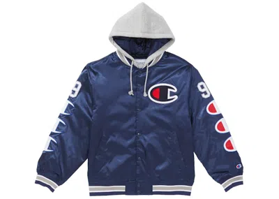 Pre-owned Supreme Men's  Champion Hooded Satin Varsity Jacket In Navy Blue
