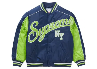 Pre-owned Supreme Men's  Contrast Script Varsity Jacket In Navy Blue