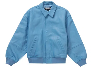 Pre-owned Supreme Men's  Goretex Infinium Windstopper Leather Varsity Jacket In Light Blue
