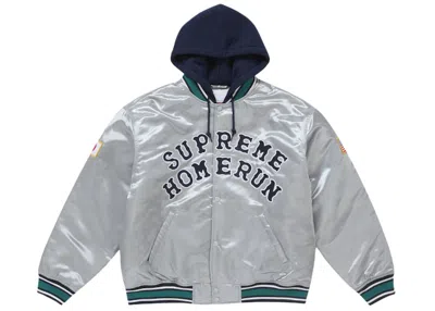 Pre-owned Supreme Men's  Homerun Satin Hooded Varsity Jacket In Silver