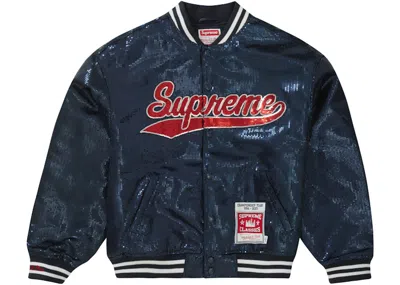 Pre-owned Supreme Men's  Mitchell & Ness Sequin Varsity Jacket In Navy Blue