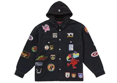 Pre-owned Supreme Men's  Patches Hooded Zip Up Shirt In Black
