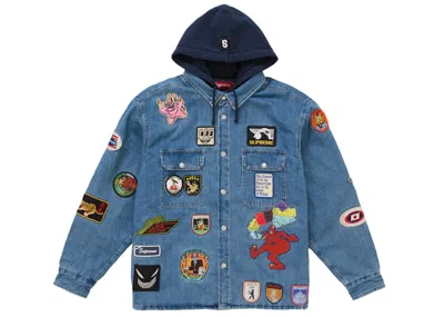 Pre-owned Supreme Men's  Patches Hooded Zip Up Shirt In Denim In Blue