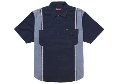 Pre-owned Supreme Men's  Reflective Stripe Short Sleeve Work Shirt In Navy Blue