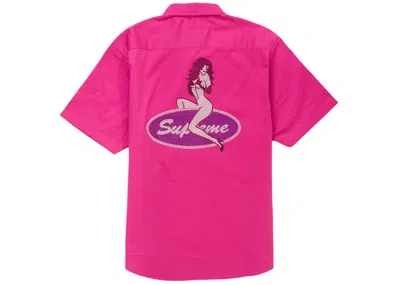 Pre-owned Supreme Men's  Rhinestone Pin Up Short Sleeve Work Shirt In Fuchsia