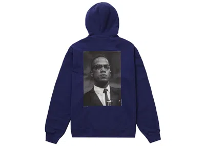 Pre-owned Supreme Men's  Roy Decarava Malcolm X Hooded Sweatshirt In Washed Navy Blue