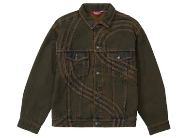 Pre-owned Supreme Men's  S Logo Denim Trucker Jacket In Dirty Green