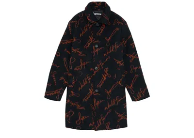 Pre-owned Supreme Men's  Script Logos Wool Overcoat In Black