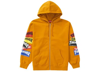Pre-owned Supreme Men's  Thrasher Logo Zip Up Hooded Sweatshirt In Gold