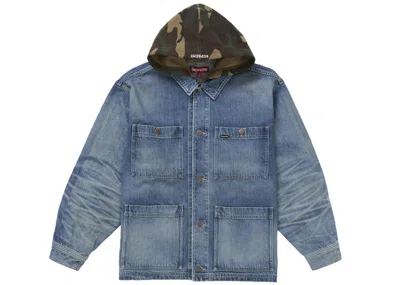 Pre-owned Supreme Men's  Worn Hooded Chore Coat In Denim In Blue