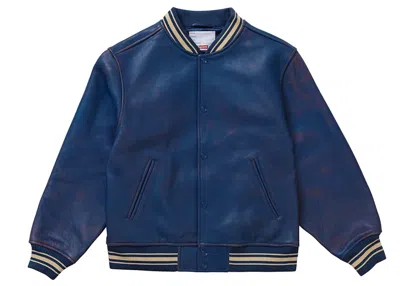 Pre-owned Supreme Men's  Worn Leather Varsity Jacket In Blue
