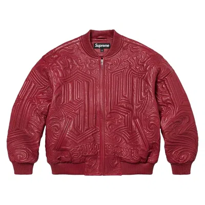 Pre-owned Supreme Mister Cartoon Embroidered Leather Jacket 'burgundy' | Men's Size L In Red