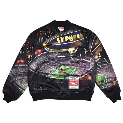 Pre-owned Supreme Mitchell & Ness Stadium Satin Varsity Jacket 'black' | Men's Size Xl