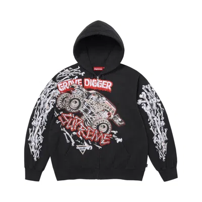 Pre-owned Supreme Monster Jam Grave Digger Bones Zip Up Hooded Sweatshirt 'black' | Men's Size S