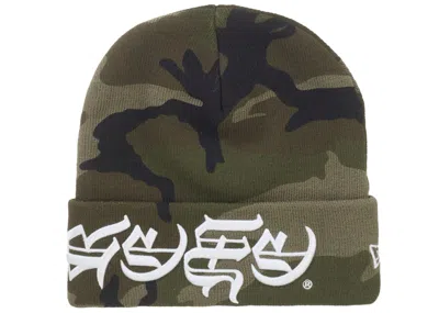 Pre-owned Supreme New Era Blackletter Beanie In Woodland Camo