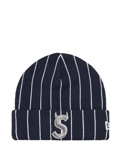 Supreme New Era Devil S Pinstripe Beanie Hat In Blue