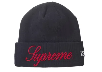Pre-owned Supreme New Era Script Beanie In Navy Blue