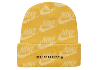 Pre-owned Supreme Nike Jacquard Logos Beanie In Pale Yellow