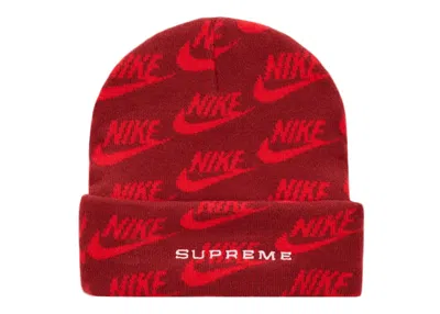 Pre-owned Supreme Nike Jacquard Logos Beanie In Red