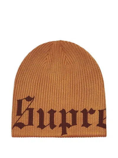 Supreme Old Englishprinted Beanie In Brown