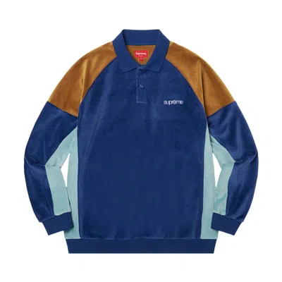 Pre-owned Supreme Paneled Velour Long-sleeve Polo 'dark Royal' In Blue