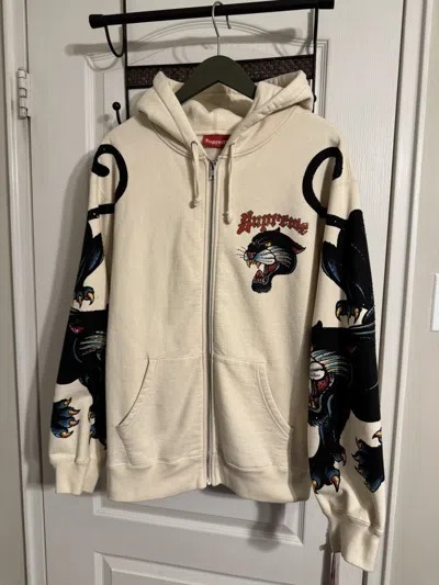 Pre-owned Supreme Panther Rhinestone Zip Up Hoodie In Cream