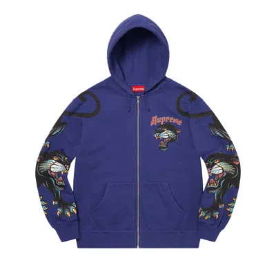 Pre-owned Supreme Panther Zip Up Hooded Sweatshirt 'washed Navy' In Blue