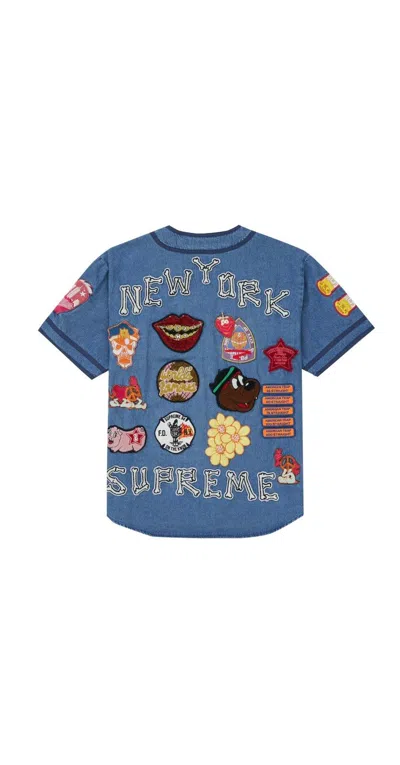 Pre-owned Supreme Patches Denim Baseball Jersey New York Large