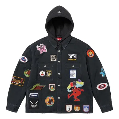 Supreme Patches Hooded Zip Up Shirt 'black'