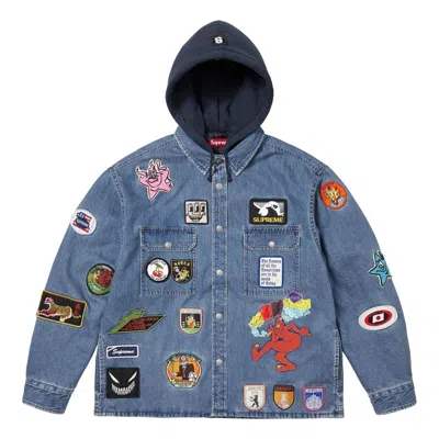 Supreme Patches Hooded Zip Up Shirt 'denim' In Blue
