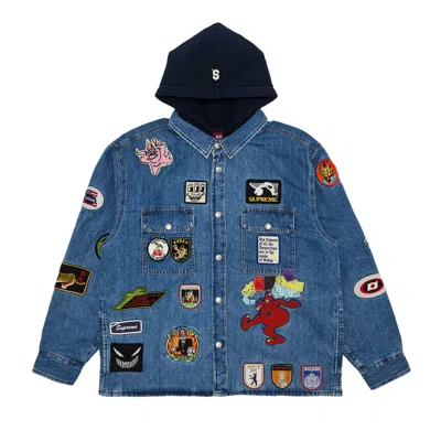 Pre-owned Supreme Patches Hooded Zip Up Shirt 'denim' | Blue | Men's Size Xxl